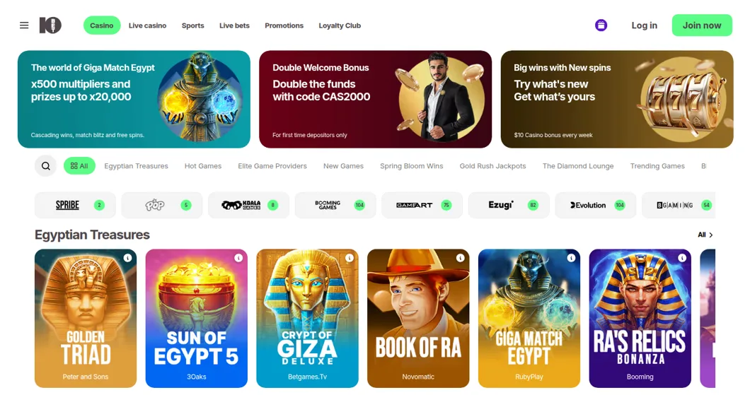10bet casino lobby seen from the UAE, with the Giga Match Egypt and CAS2000 banners and the studio bar with game counts
