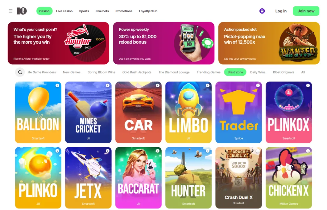 10bet Blast Zone crash games: Balloon, Mines Cricket, CarX, Limbo, Spribe's Trader, PlinkoX, JetX and Crash Duel X