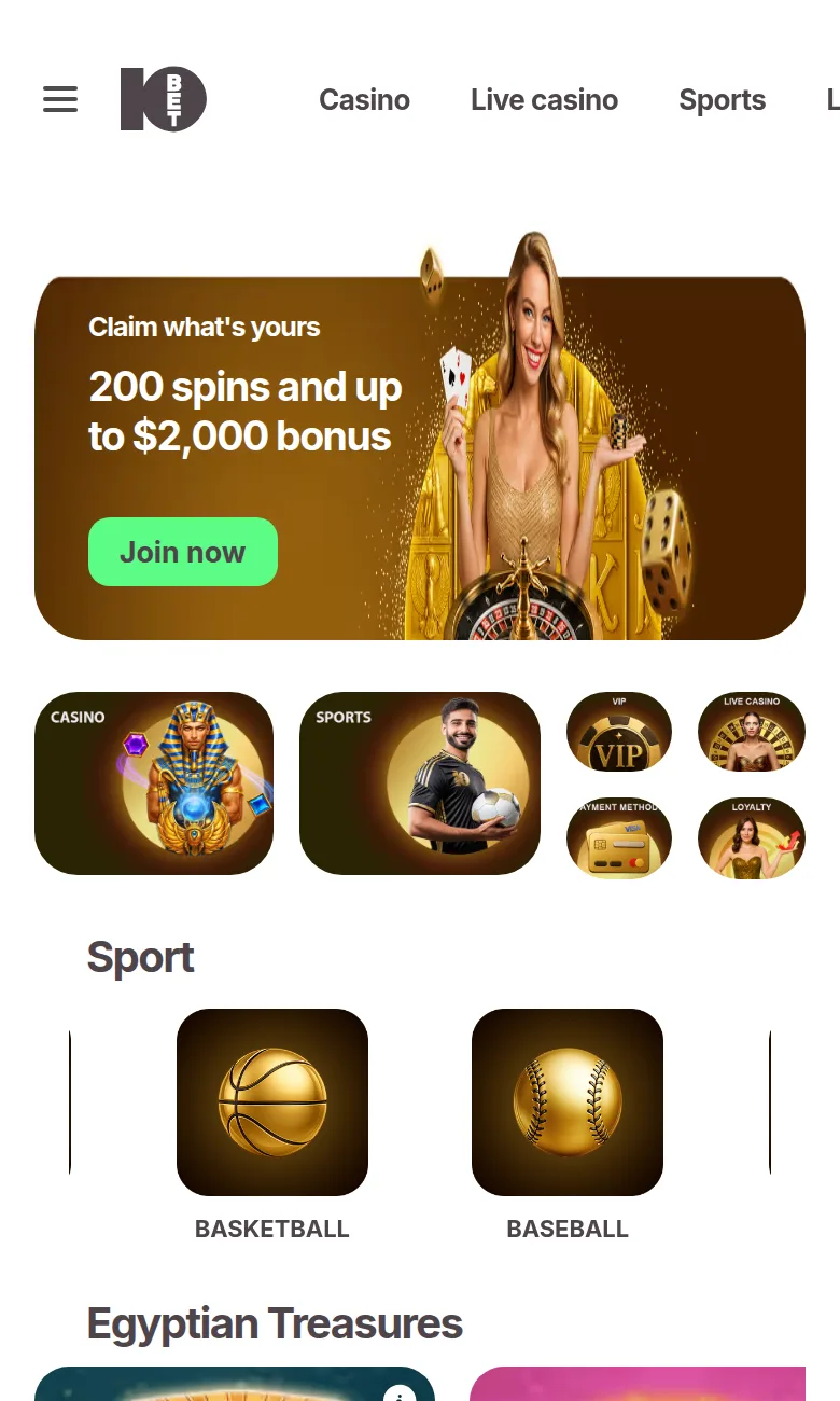 10bet mobile site with the 200 spins and up to $2,000 bonus banner, casino and sport shortcuts and the Egyptian Treasures row