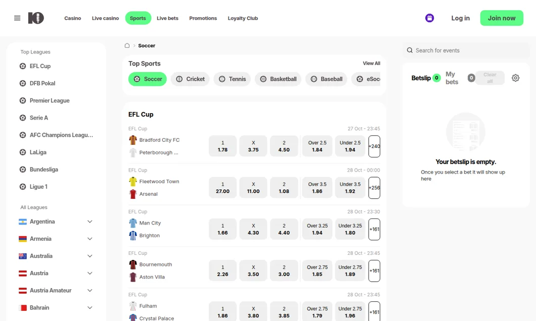 10bet sportsbook with EFL Cup matches, 1X2 and over/under odds and the league menu