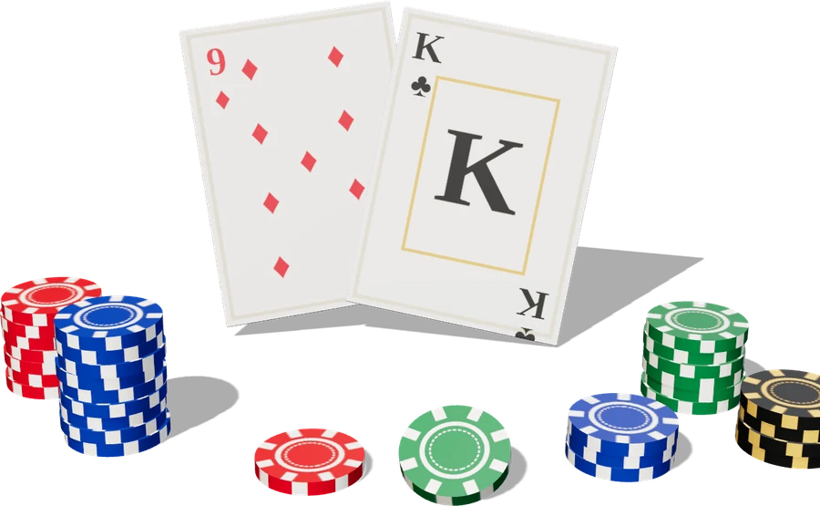 3D illustration of a baccarat natural nine, the nine of diamonds and king of clubs, with stacks of casino chips