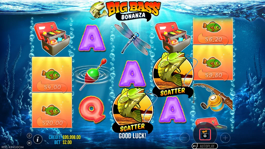 Big Bass Bonanza in demo mode, with fish money symbols and two scatters on the reels