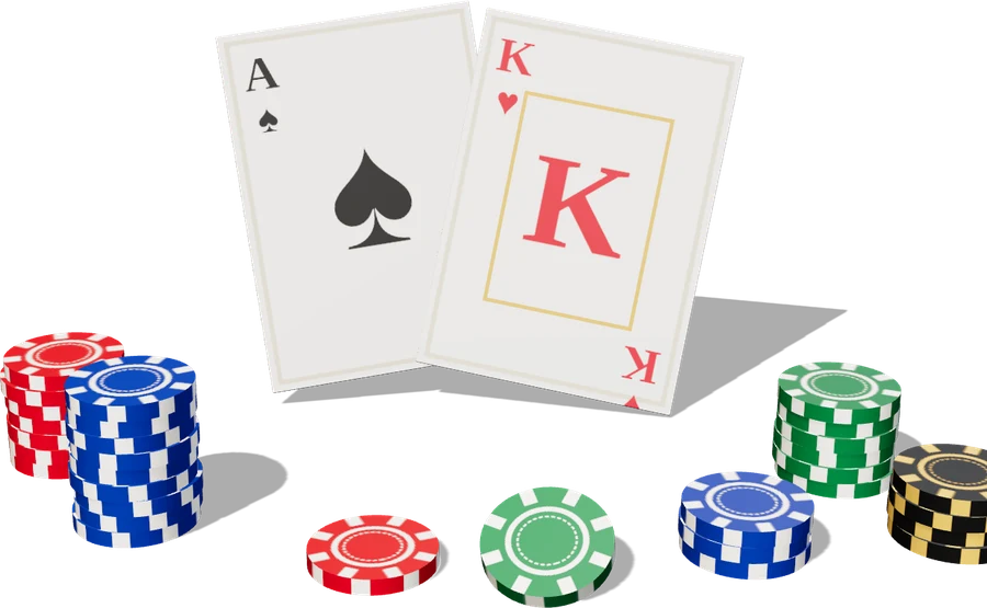 3D illustration of a blackjack hand, the ace of spades and king of hearts, with stacks of casino chips