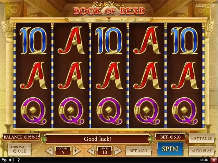 Book of Dead by Play'n GO in demo mode, with 5 reels, 10 lines and Egyptian-styled card symbols