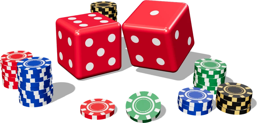 3D illustration of two red casino dice with stacks of casino chips