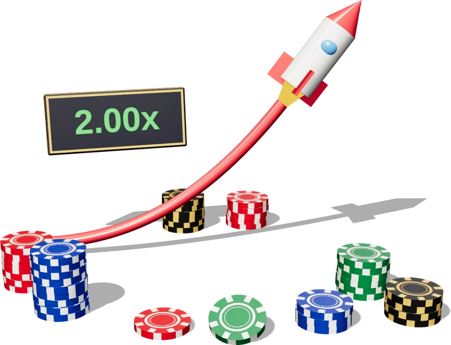 3D illustration of a crash game: a rocket climbing on a red multiplier curve above a 2.00x sign and stacks of casino chips