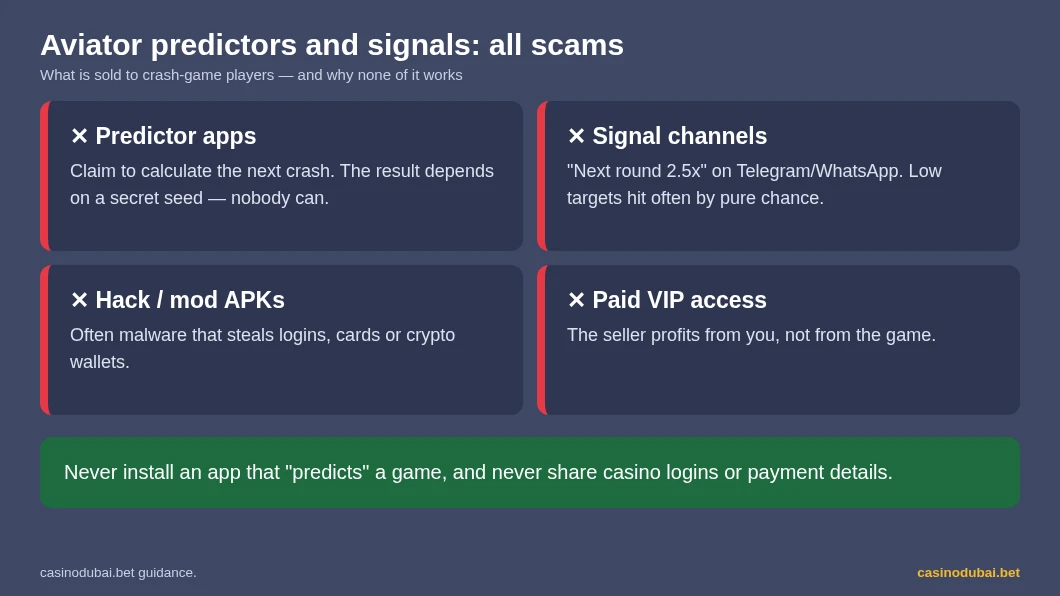 Aviator predictor apps, signal channels, hack APKs and paid VIP access are all scams