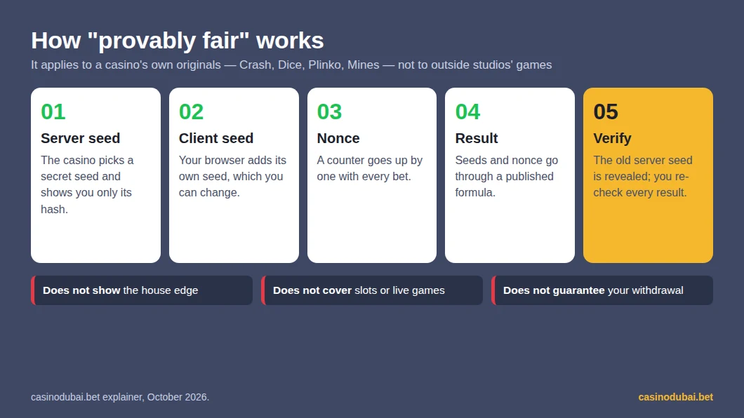 How provably fair works: server seed hash, client seed, nonce, published formula, verification after the seed is revealed; it does not show the house edge or guarantee withdrawals