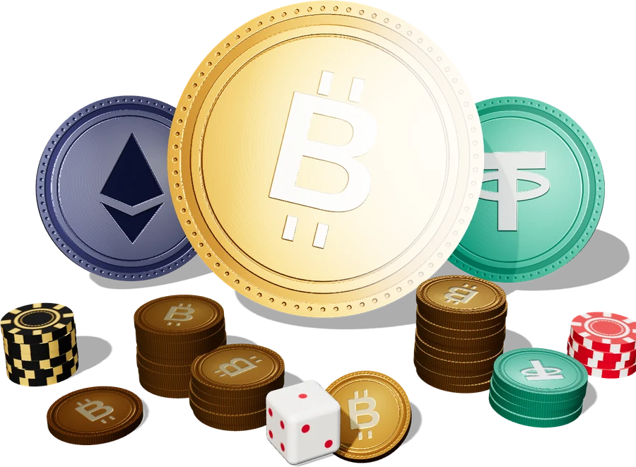3D illustration of Bitcoin, Ethereum and USDT coins with stacks of gold coins, casino chips and a dice