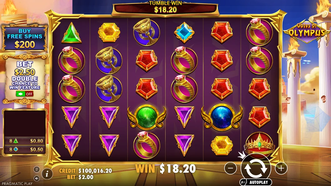 Gates of Olympus by Pragmatic Play in demo mode, with tumbling reels paying anywhere on the 6×5 grid