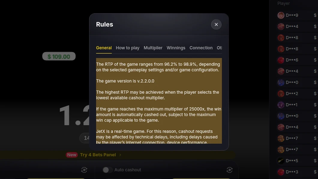 JetX rules screen in SmartSoft's official demo, with the RTP range of 96.2% to 98.9% and the 25,000x maximum multiplier highlighted