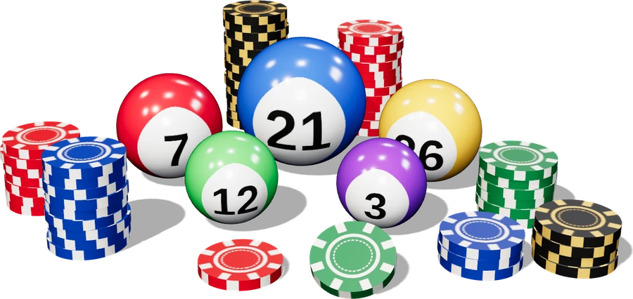 3D illustration of numbered keno balls with stacks of casino chips