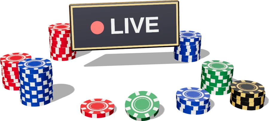 3D illustration of a red LIVE sign surrounded by stacks of casino chips