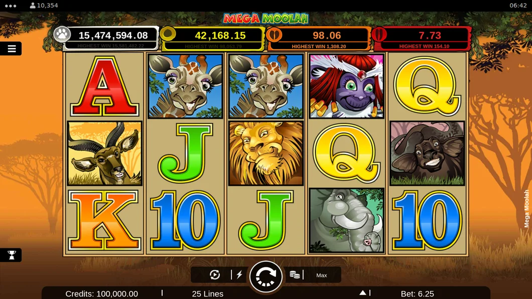 Mega Moolah by Games Global in demo mode, with the four progressive jackpot meters above the reels