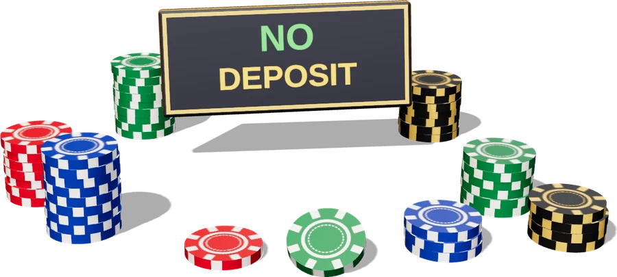 3D illustration of a No Deposit sign surrounded by stacks of casino chips