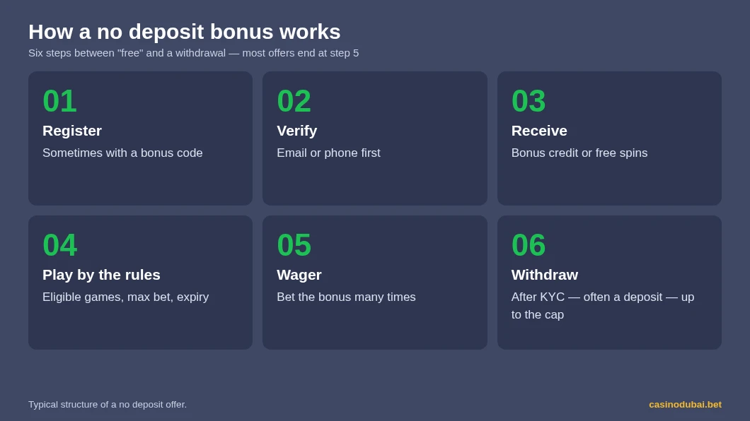 How a no deposit bonus works in six steps: register, verify, receive, play by the rules, wager, withdraw