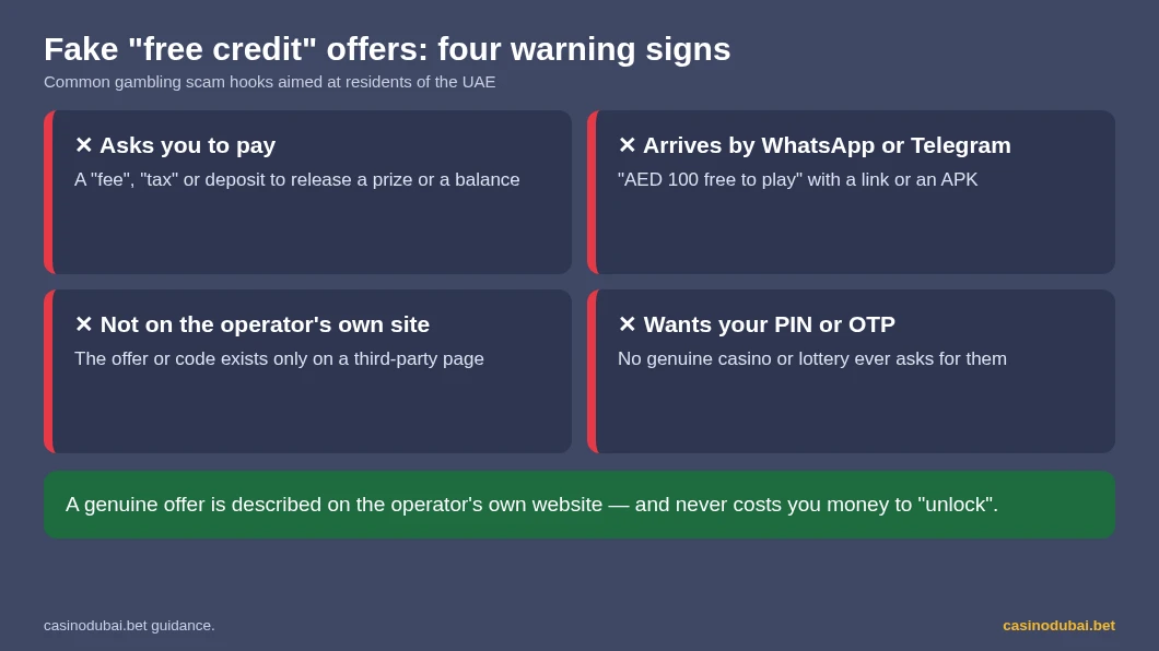 Four warning signs of fake free credit offers: asks you to pay, arrives by WhatsApp or Telegram, not on the operator site, wants your PIN or OTP