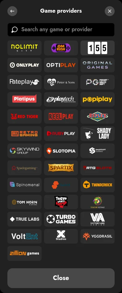OscarSpin game providers filter as shown from the UAE, with Nolimit City, Playtech, Red Tiger, Yggdrasil, Thunderkick and other studios
