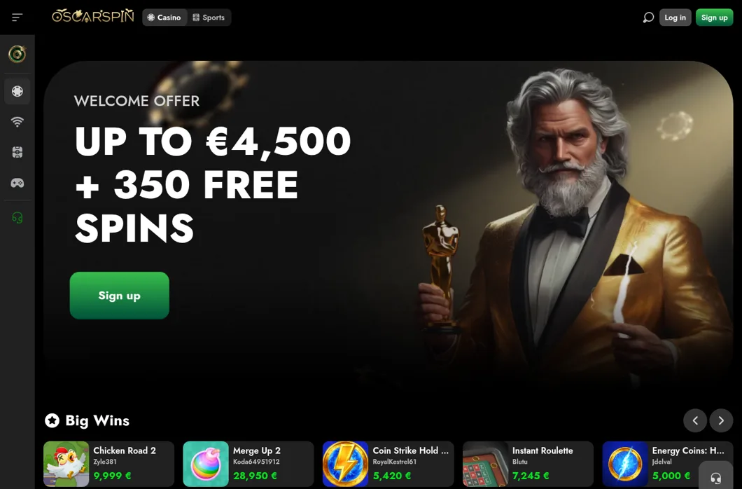 OscarSpin lobby as seen from the UAE, with the welcome offer of up to €4,500 + 350 free spins and the Big Wins feed