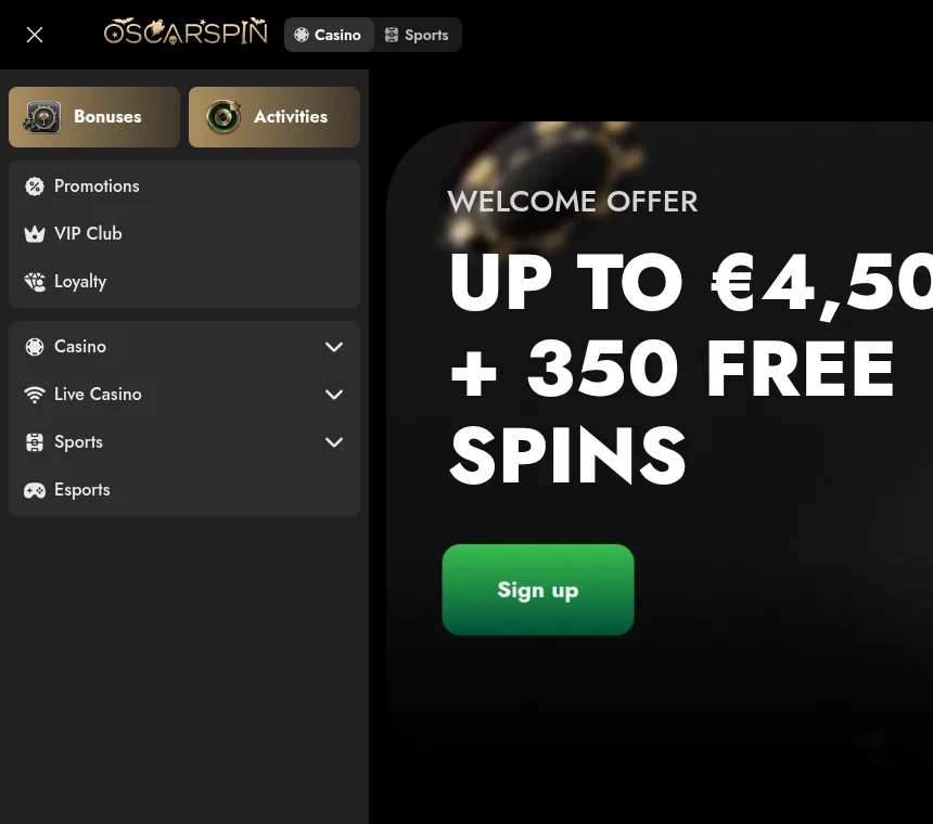 OscarSpin side menu with Bonuses, Activities, Promotions, VIP Club, Casino, Live Casino, Sports and the install the Casino App button