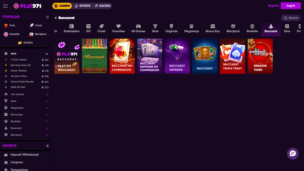 Play971 Baccarat category opened from the UAE on 21 October 2026, showing eight games including Baccarat No Commission and Dragon Tiger