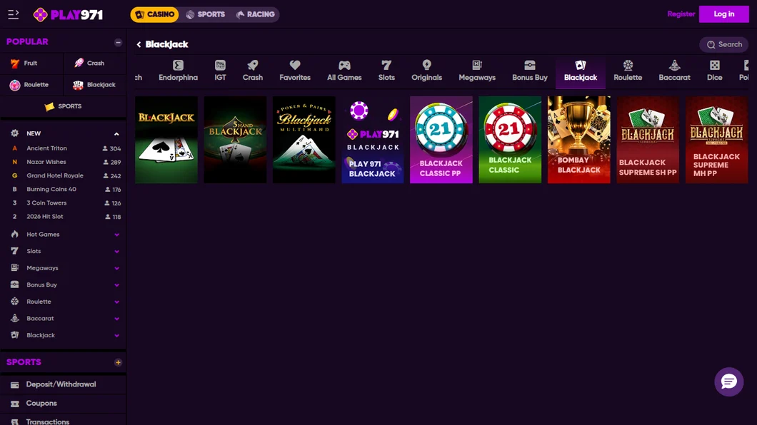 Play971 Blackjack category opened from the UAE on 21 October 2026, showing nine blackjack games including Play971 Blackjack and Bombay Blackjack