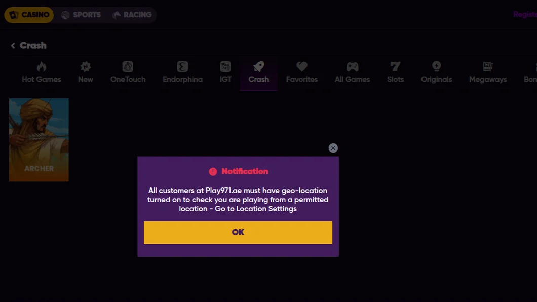 Play971 Crash category opened from the UAE on 21 October 2026, showing the Archer game and a notice that location services must be turned on