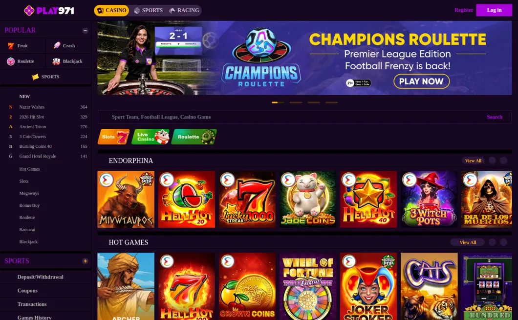 Play971 home page showing the Casino, Sports and Racing sections, captured from the UAE on 15 October 2026
