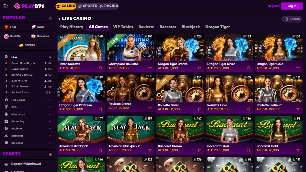 Play971 live casino lobby opened from the UAE on 22 October 2026, showing roulette, Dragon Tiger, blackjack and baccarat tables with limits in AED
