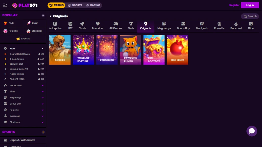 Play971 Originals category opened from the UAE on 21 October 2026: Archer, Wheel of Fortune, Keno Rush, Pawsome Plinko, Mini Lootbox and Mini Mines