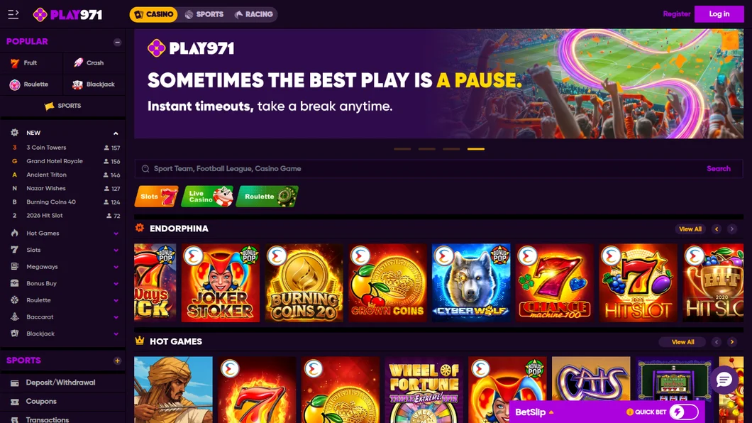 Play971 casino lobby opened from the UAE on 21 October 2026, with an Endorphina slots row and categories for Slots, Megaways and Bonus Buy