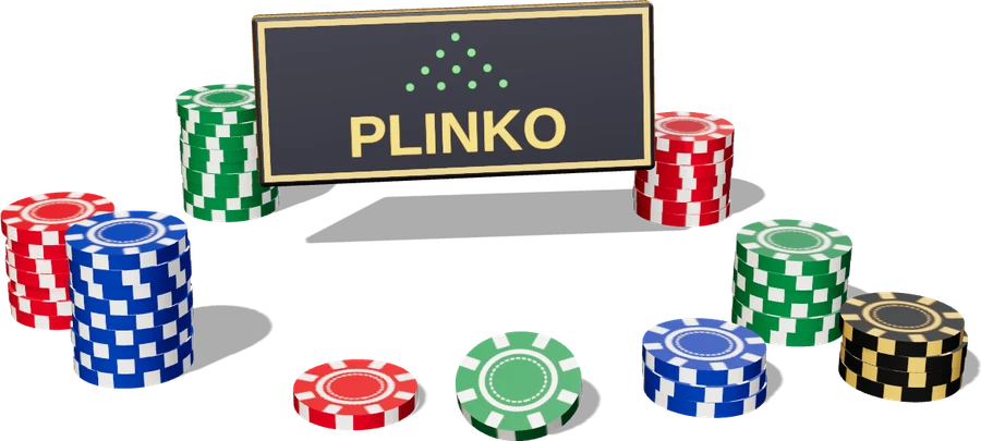 3D illustration of a Plinko sign with a peg triangle, surrounded by stacks of casino chips