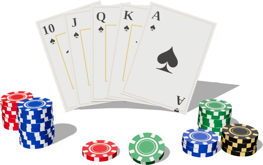 3D illustration of a royal flush in spades fanned out, with stacks of casino chips