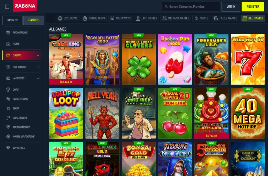 Rabona All Games lobby seen from the UAE with Crime King 1000, Golden Fate and Hold and Win slots