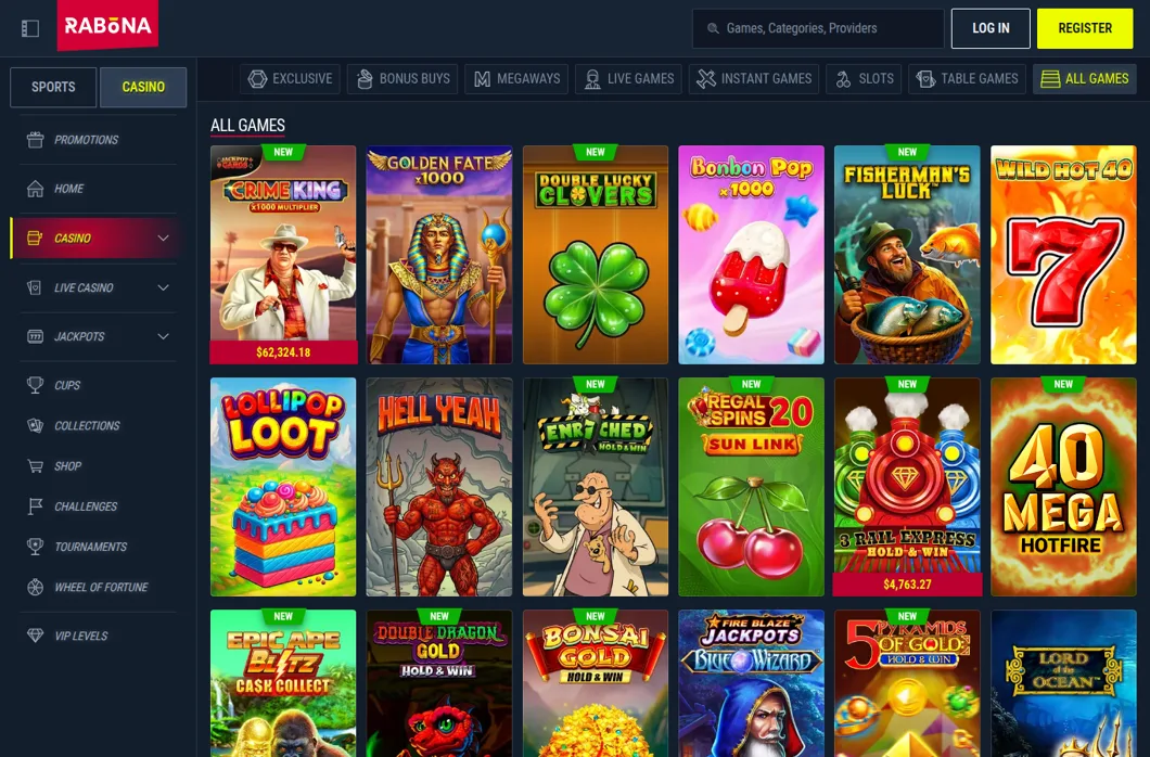 Rabona All Games lobby seen from the UAE with Crime King 1000, Golden Fate and Hold and Win slots