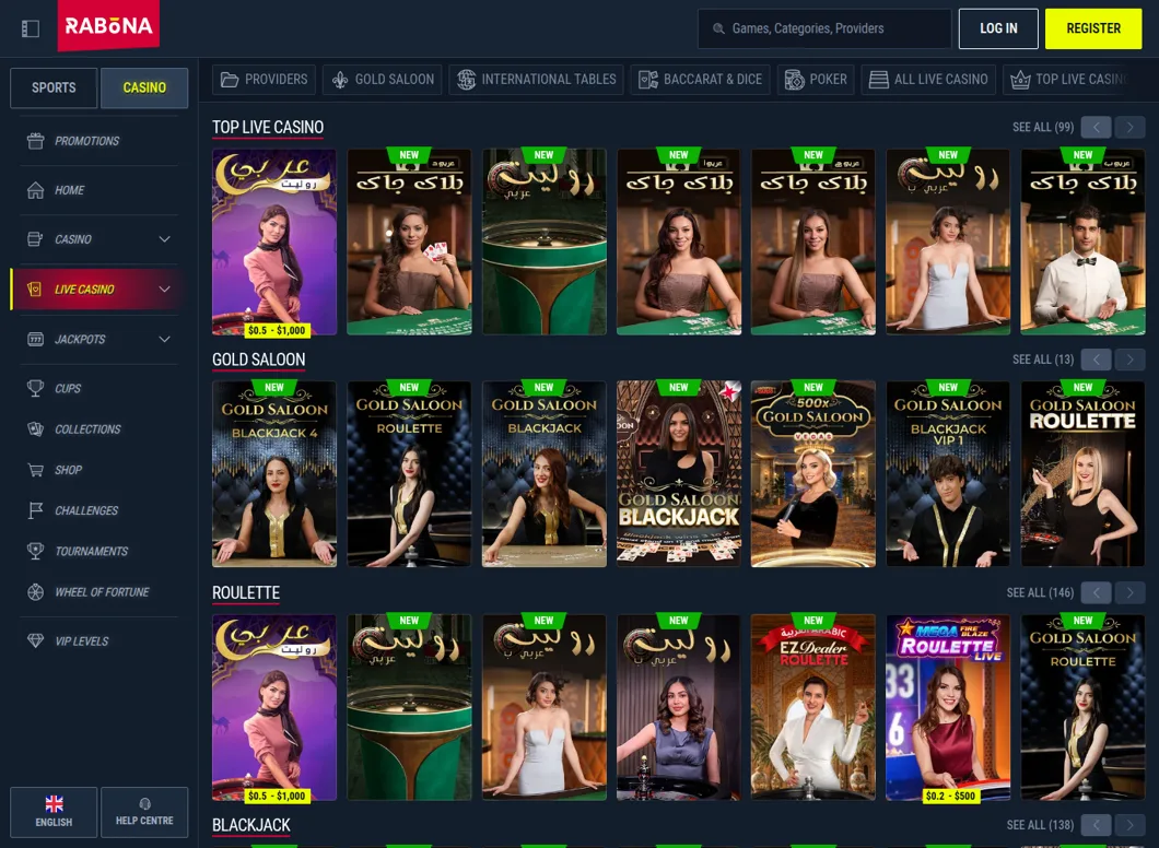 Rabona live casino lobby with Arabic roulette and blackjack tables and the Gold Saloon section