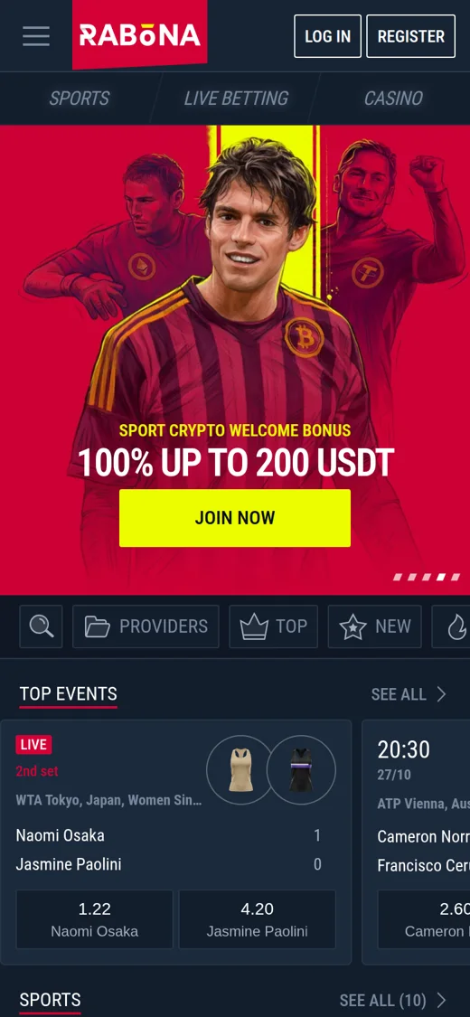 Rabona mobile site in a phone browser seen from the UAE, with the crypto welcome banner, game shortcuts and live top events