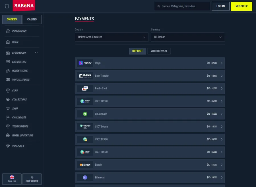 Rabona payments page with United Arab Emirates and US Dollar selected, listing PlayID, bank transfer, card and crypto deposit limits