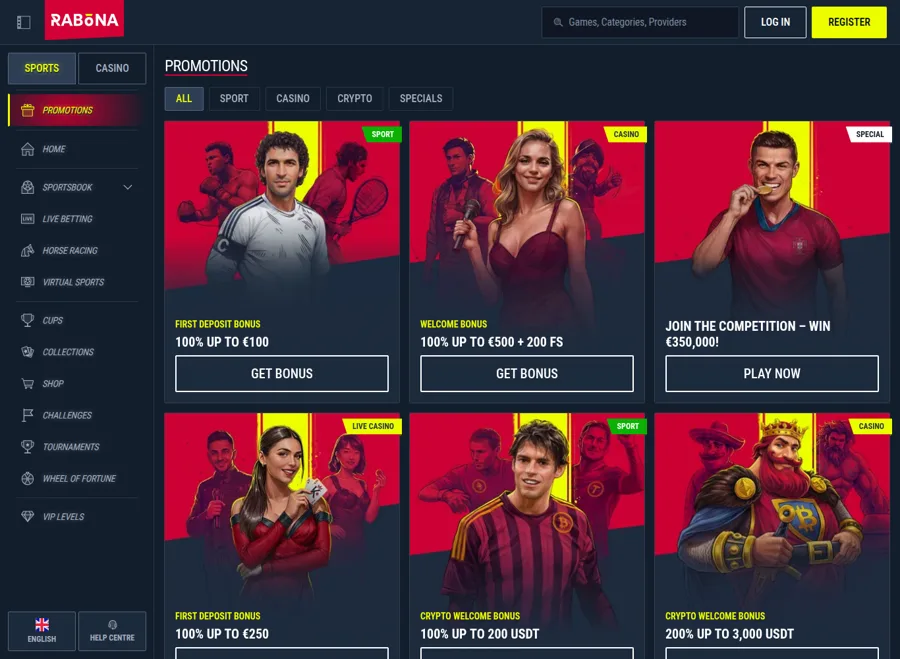 Rabona promotions page seen from the UAE with the sports, casino, live casino and crypto welcome bonuses
