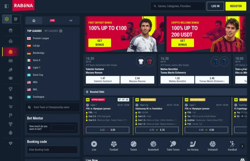 Rabona sportsbook with top leagues, boosted odds and the Bet Mentor tool