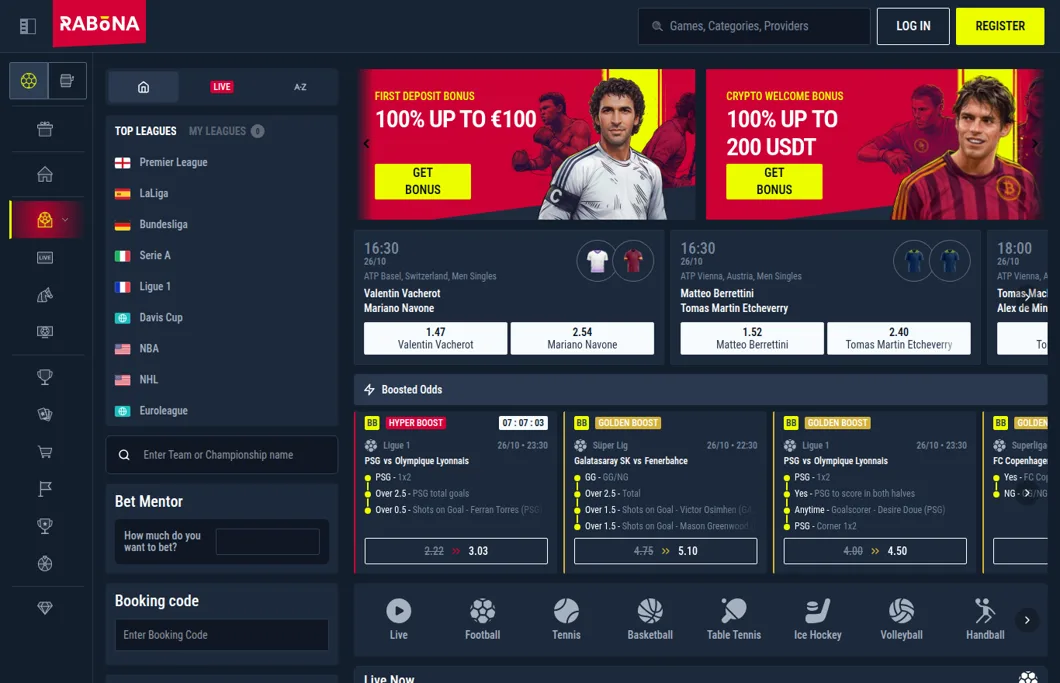 Rabona sportsbook with top leagues, boosted odds and the Bet Mentor tool