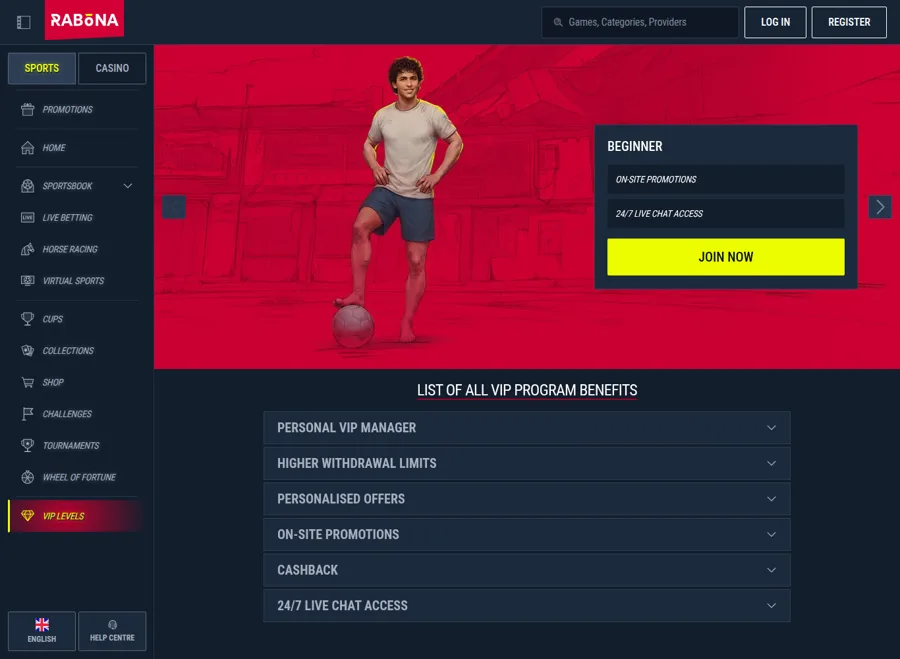 Rabona VIP levels page with the Beginner level and the list of VIP benefits