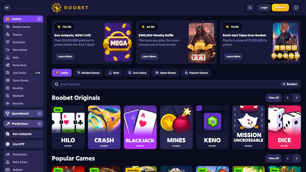 Roobet casino lobby opened from the UAE on 21 October 2026, showing Roobet Originals such as Crash, Mines and Dice
