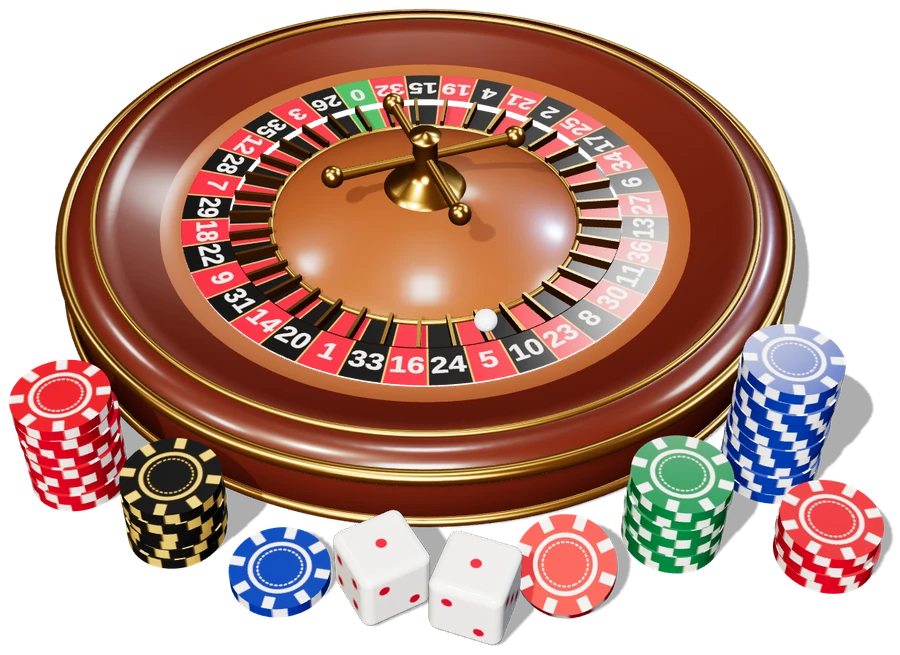 3D illustration of a European roulette wheel with stacks of casino chips and dice