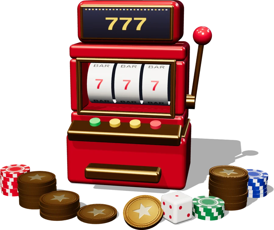 3D illustration of a red slot machine showing three sevens, with gold coins, casino chips and a dice