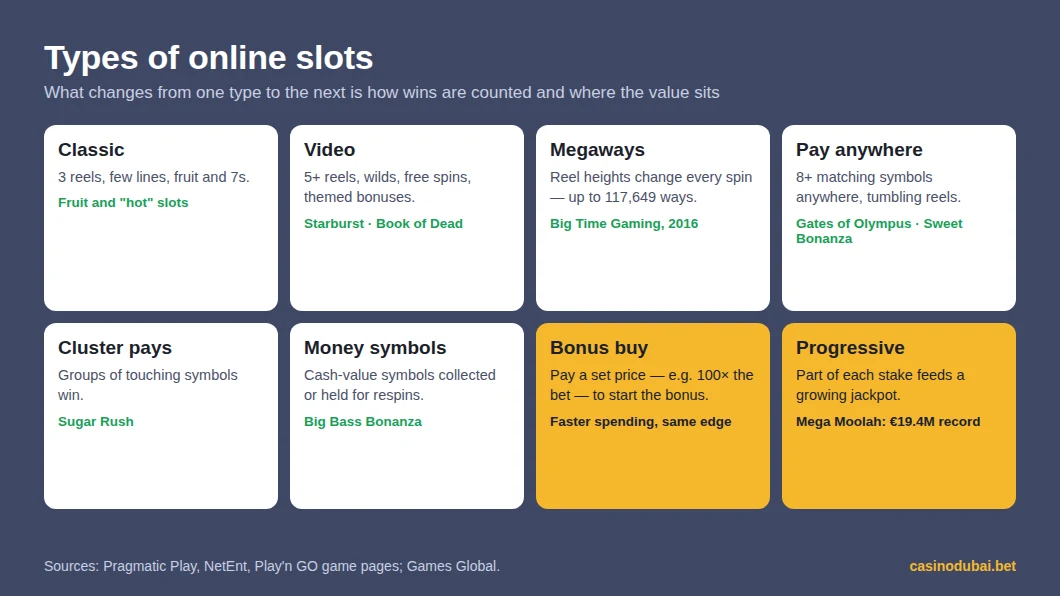 Types of online slots: classic, video, Megaways, pay anywhere, cluster pays, money symbols, bonus buy and progressive jackpot