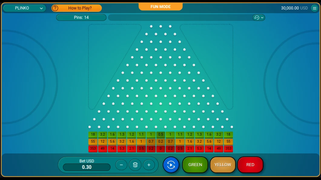 Spribe Plinko official demo with 14 pins, showing the green, yellow and red multiplier rows from 0x to 353x