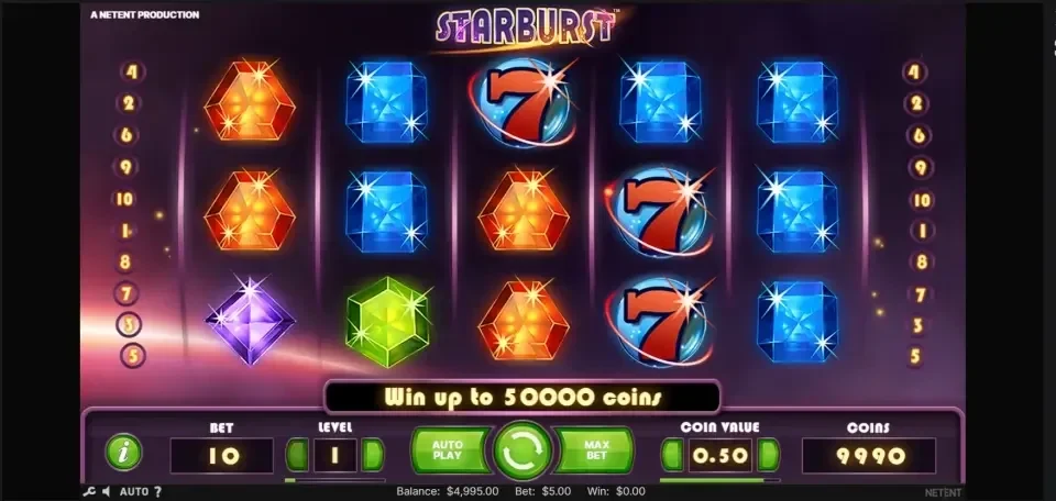 Starburst by NetEnt in demo mode, with gem symbols and red 7s on the 5×3 reels