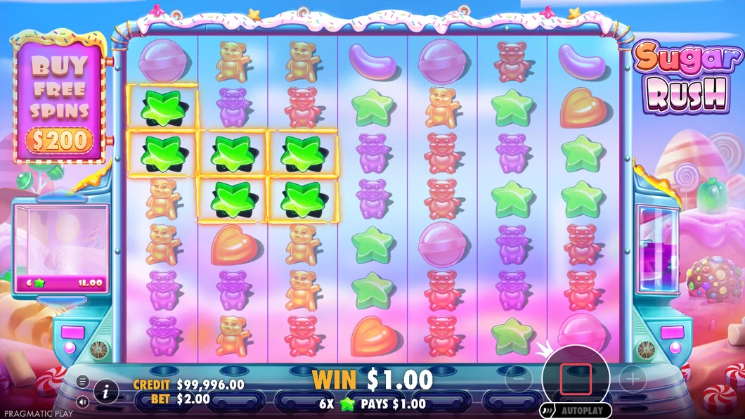 Sugar Rush by Pragmatic Play in demo mode, with a winning cluster of green stars on the 7×7 grid