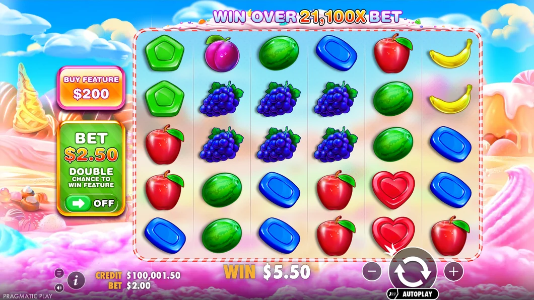 Sweet Bonanza by Pragmatic Play in demo mode, with candy and fruit symbols that pay anywhere on the screen